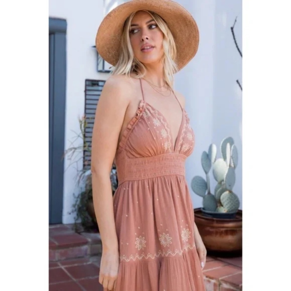 Sandstone Embroidered Floral Smocked Waist Gauze Summer Casual Halter Dress